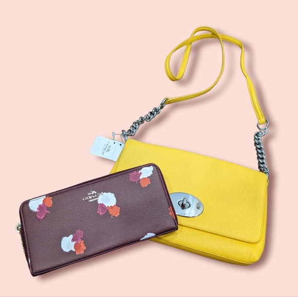 Coach Handbags - SALE 🎉HP🎉 New Coach Bundle Yellow Leather Crossbody & Burgundy Floral Wallet